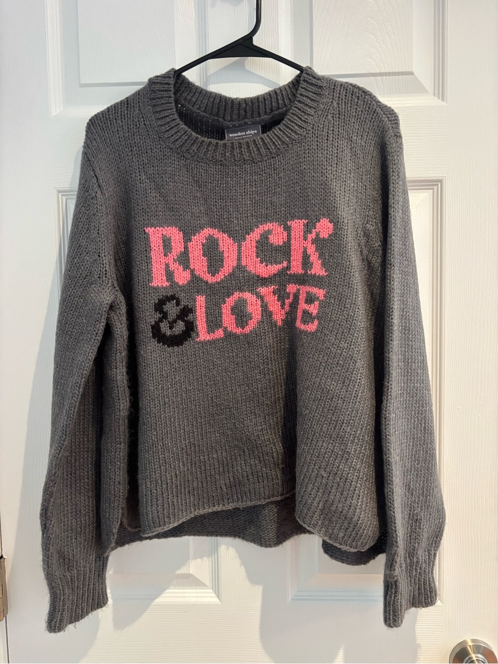 Wooden Ships Gray Crewneck Sweater with Pink & Black Intarsia